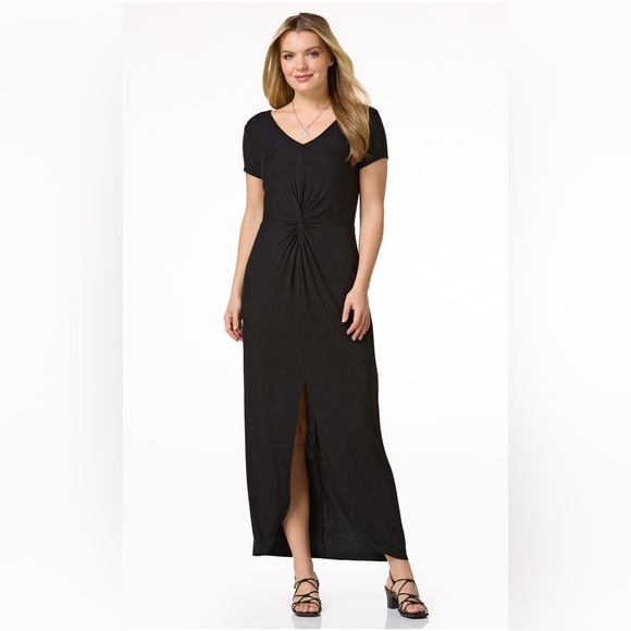 Cato V Neck Black Maxi Dress with Twist Front Detail and Front Slit XL - Picture 1 of 8